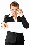 amazed  modern business woman giving document
