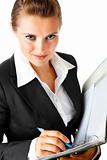 smiling modern business woman  holding folder with  documents
