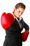 confident modern business woman with boxing gloves
