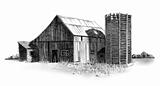 Pencil Drawing of Old Barn and Wooden Silo