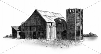 Pencil Drawing of Old Barn and Wooden Silo