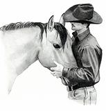 Pencil Drawing of Cowboy Holding Horse