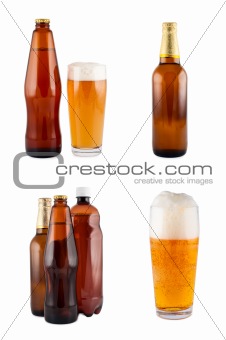 Beer in bottles, glass, set. Isolated on white. Clipping path.