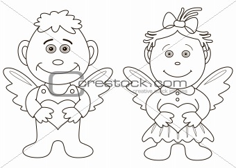 Girl and boy angels with hearts, contours