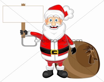 cute happy looking santa claus holding a wooden blank sign