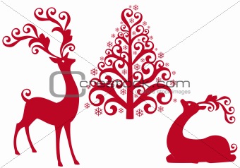 reindeer with christmas tree, vector
