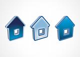 Three dark blue icons houses