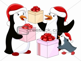 Penguin's family with gifts