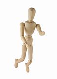 Wooden mannequin flies and stretches hands