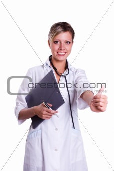 Friendly nurse holding chart