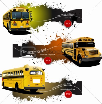 Three grunge banners with Yellow school buses. Vector illustrati