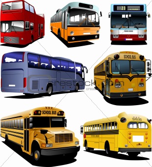 Seven city buses. Coach. School bus. Vector illustration for des