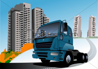 Dormitory and blue truck. Vector illustration