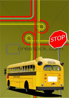 Yellow school bus and city junction. Vector illustration