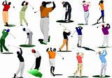 Sixteen Golfers hitting ball with iron club. Vector illustration