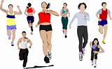 The running men and women. Vector illustration
