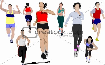 The running men and women. Vector illustration