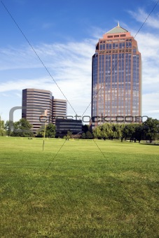 Golf Course in front of skyscrapers