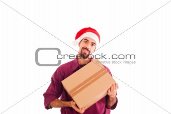 Young Man with Christmas Hat Holding a Box