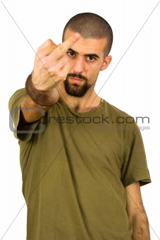 young man showing his middle finger