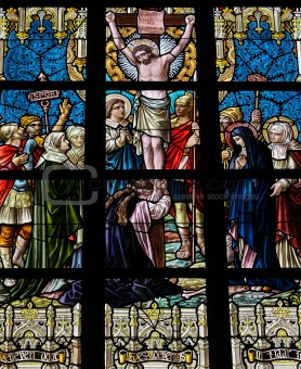 Jesus on the cross (1895). Stained glass church window in Alsemberg, Flanders.