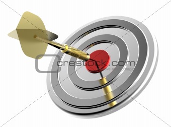 Red target and gold dart close-up isolated on white background