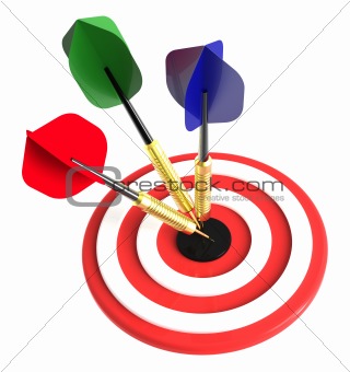 Red target and three color darts close-up isolated on white background.