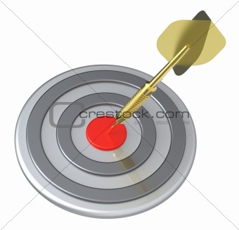 Red target and gold dart close-up isolated on white background