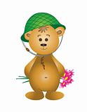 Teddy-bear in a helmet with a bouquet