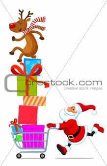 Santa with shopping cart full of gifts