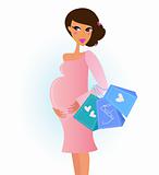 A fashionable pregnant woman in pink with shopping bags