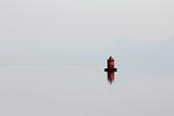 red buoy on river in mist