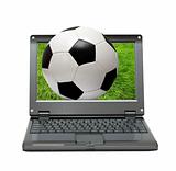 small laptop with soccer football ball