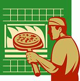 Pizza pie maker or baker holding baking pan oven