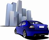 Luxury blue car on the town image background. Vector illustratio
