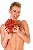Sexy implied topless blonde with Valentine's day gift box