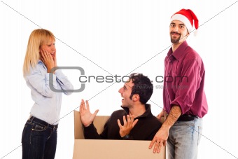 Delivery Boy with Christmas Hat, Present for Woman