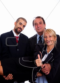 Two Businessman Pick Up a Young Businesswoman