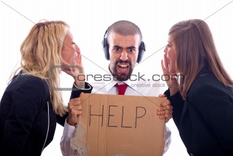 Businessman with Ear Protectors Hold Help Sign between Screaming Businesswoman