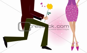 Valentine couple: man on knee is giving woman rose