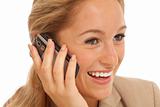 Close up portrait of young business girl using cell phone