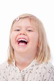 portrait of a little girl with blond hair laughing - isolated on white