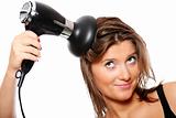 Young woman and a hairdryer