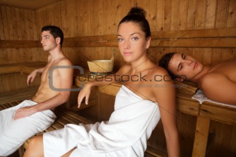 Sauna spa therapy young group in wooden room