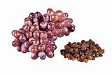 Bunch of grapes and raisins