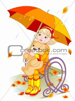 Little girl and Teddy Bear under rain
