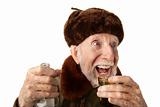Russian Man in Fur Cap with Vodka