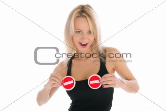 Sexual woman holds two prohibiting signs