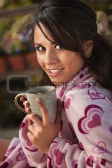 Pretty Hispanic Woman in Bathrobe with Tea