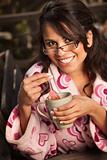 Pretty Hispanic Woman in Bathrobe with Tea